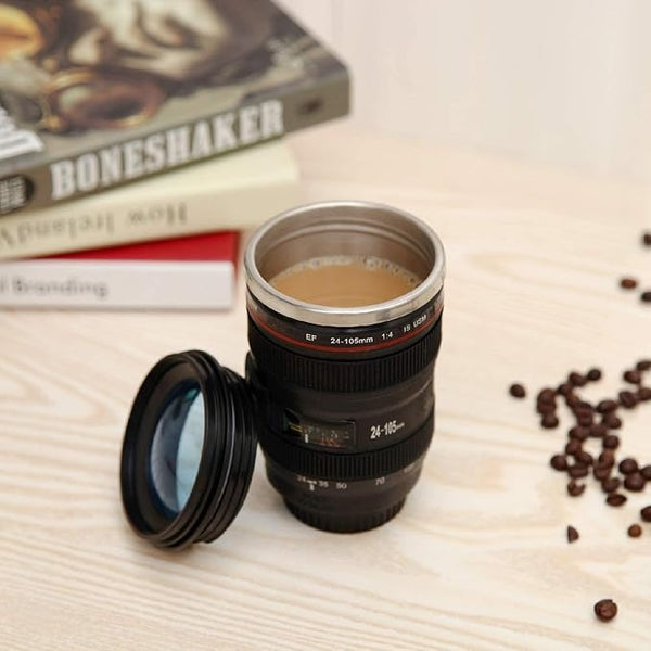 Camera Lens Coffee Mug 350ml Tumbler with Transparent Lid,Black