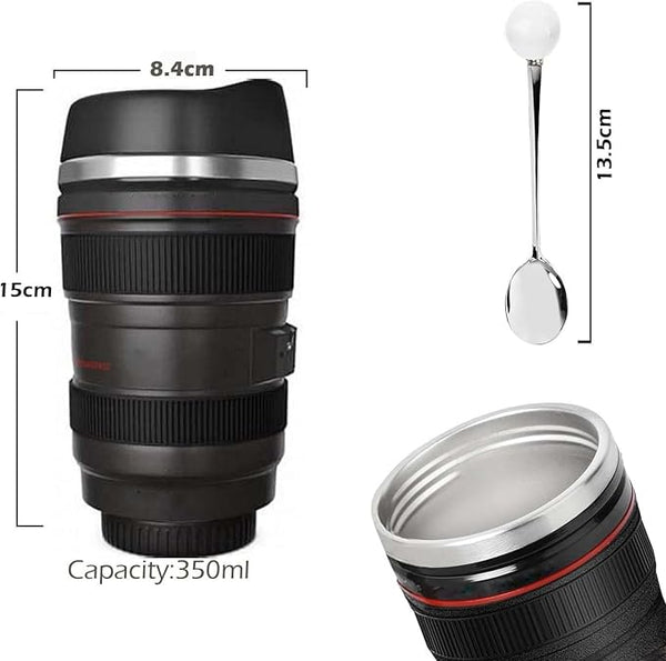 Coffee Mug, 12oz Funny Camera Lens Mug, Travel Coffee Cup with Lid, Insulated Tumbler for Hot Ice Coffee Cola Milk Tea | Ideal Gifts for Photographers Sweeties Men Women Birthday Xmas (350ml, Black)