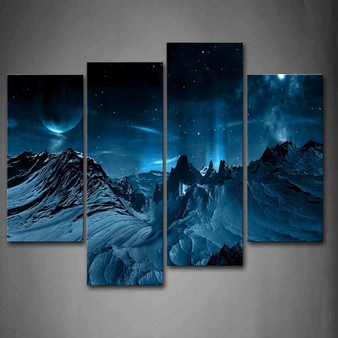 Stars and Mountain Wall Art Painting Blue Night Sky Pictures Print On Canvas Space Picture for Home Modern Decoration