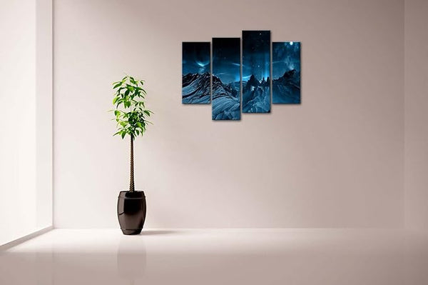 Stars and Mountain Wall Art Painting Blue Night Sky Pictures Print On Canvas Space Picture for Home Modern Decoration