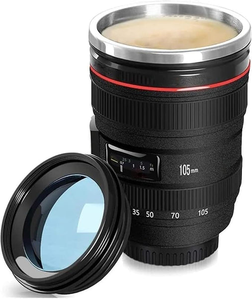 Camera Lens Coffee Mug 350ml Tumbler with Transparent Lid,Black