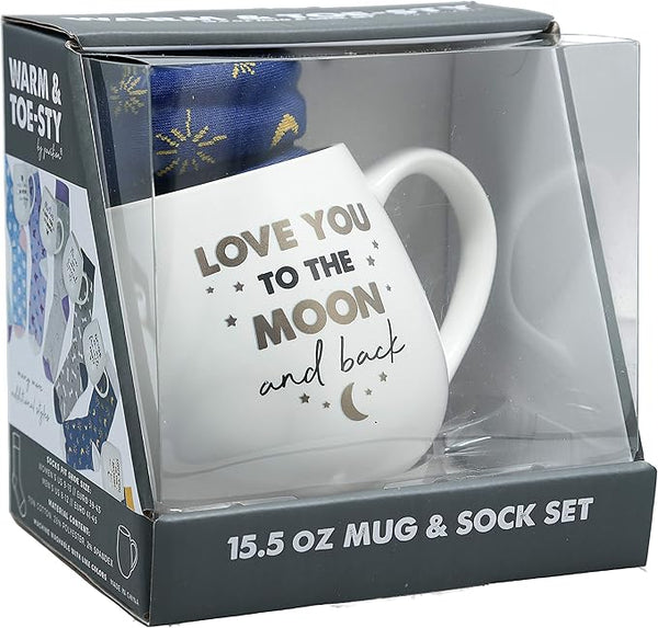 Pavilion Gift Company 71304 Love Back Moon and Stars Socks & 15.5 Oz Coffee Cup Mug Gift Set, White