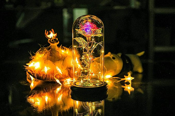 Galaxy Rose Flower Infinity Rose in Glass Dome with Led Light String on The Crystal Rose Unique for Mom Women, Christmas, Mother's Day, Anniversary