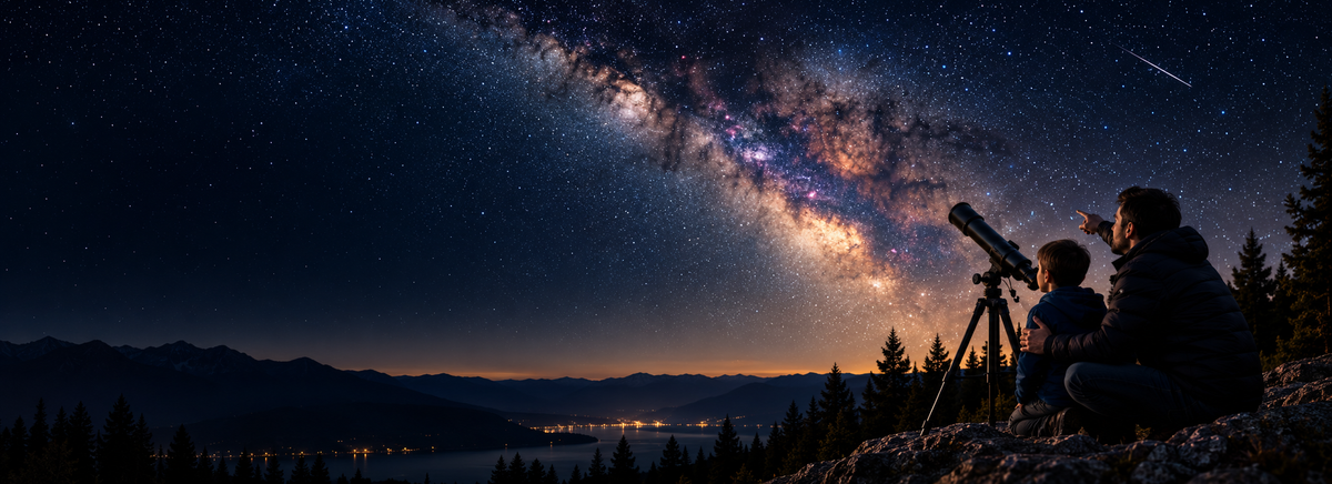 A night sky filled with the Milky Way galaxy, stars, and a shooting star, with silhouetted mountains, trees, and two people sitting outdoors by a telescope.